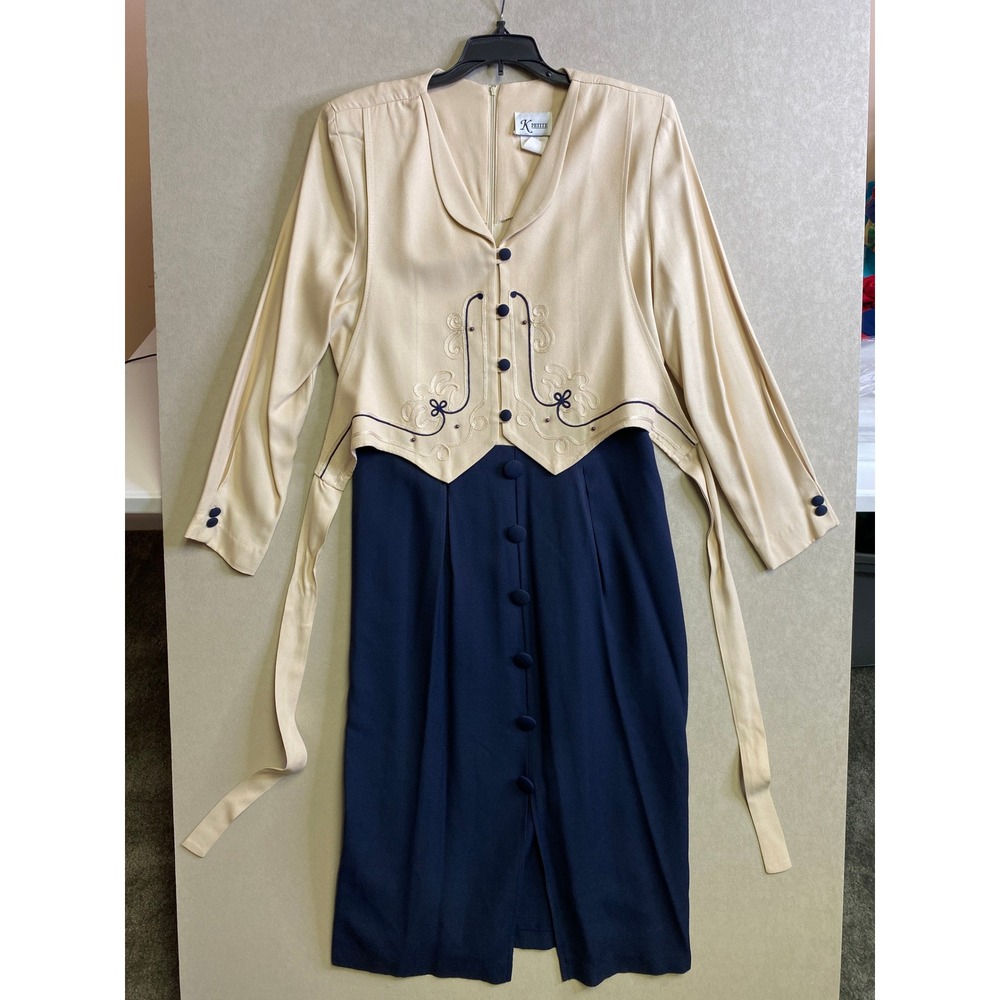 K Petite Vintage Embroidered Mock Vest Midi Dress Cream Navy Blue 12P USA Made
